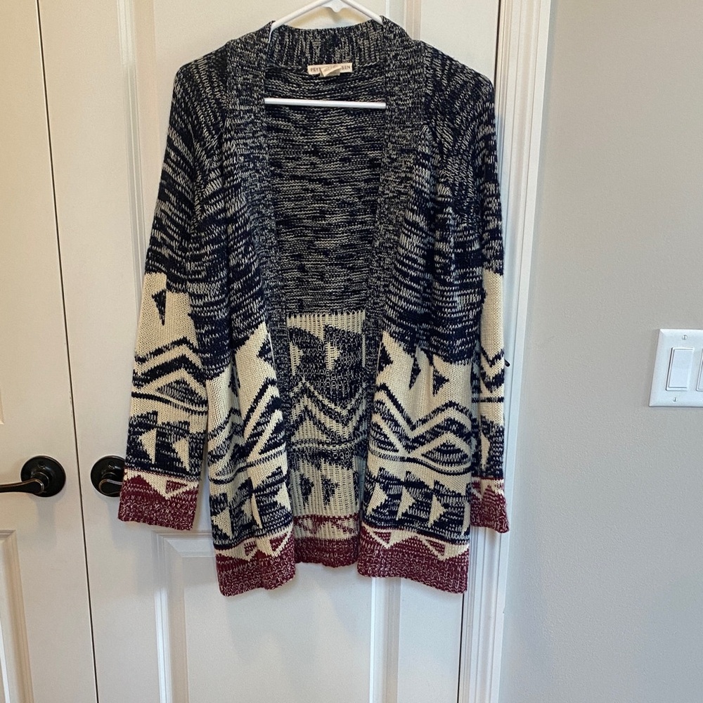 Open-Front Geometric Knit Cardigan - Navy, Cream & Burgundy
